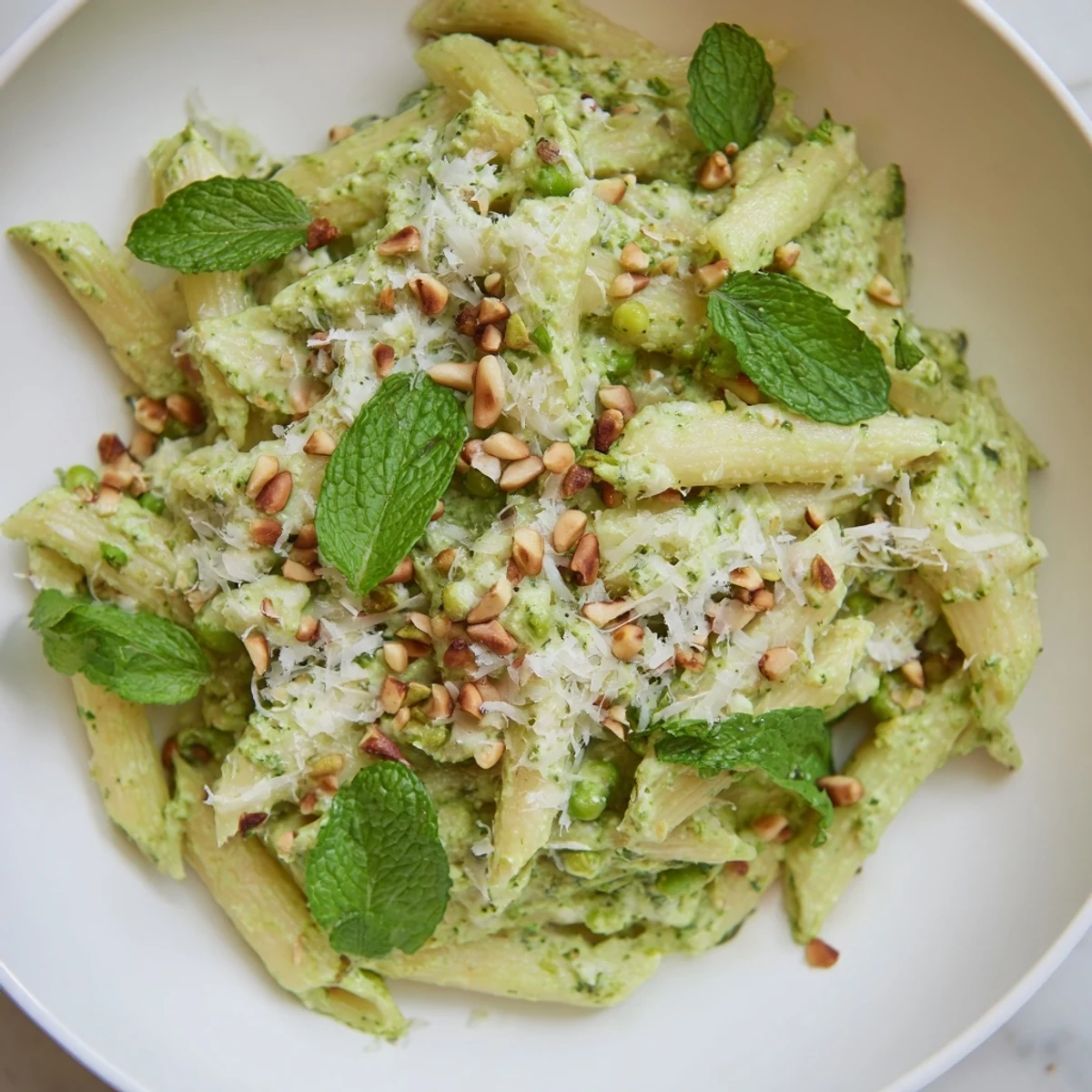 A close-up shot of Spring Pea and Mint Pesto Pasta with Pine Nuts showing a vibrant green sauce coating the fusilli noodles perfectly.