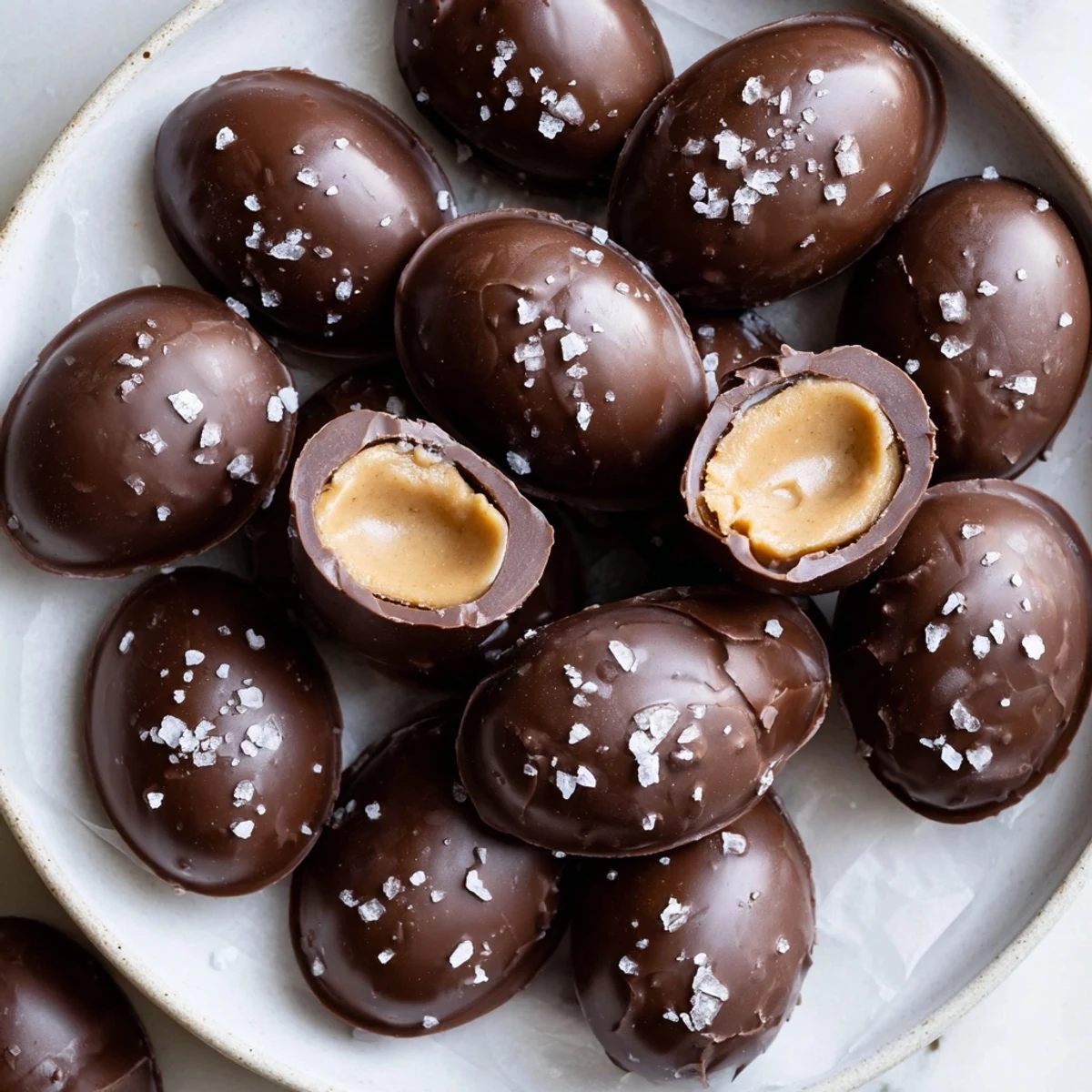Sixteen homemade Chocolate Peanut Butter Eggs with Sea Salt are displayed on a cooling rack, featuring rich chocolate shells and flaky salt crystals.