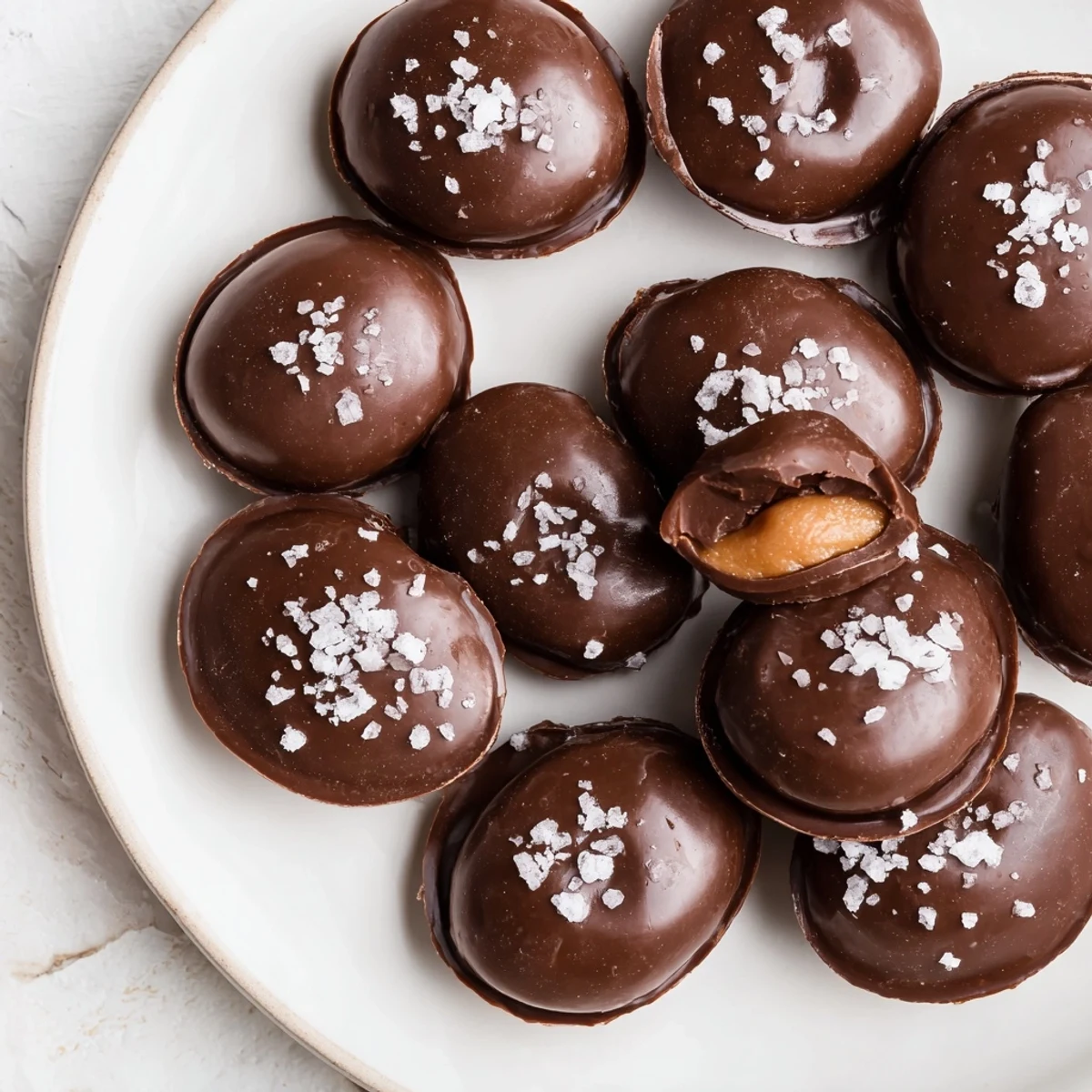 A close-up of a bitten Chocolate Peanut Butter Egg with Sea Salt reveals creamy filling, smooth chocolate coating, and a crumbly texture.