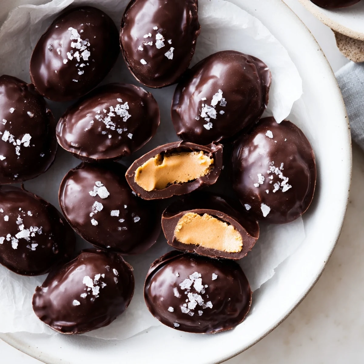 A rustic wooden board holds several Chocolate Peanut Butter Eggs with Sea Salt beside a tall glass of cold milk for serving.