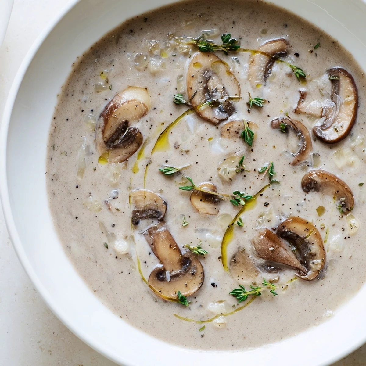 Creamy Mushroom Soup with Fresh Thyme steaming in a rustic ceramic bowl, garnished with fresh thyme leaves and served alongside crusty bread.