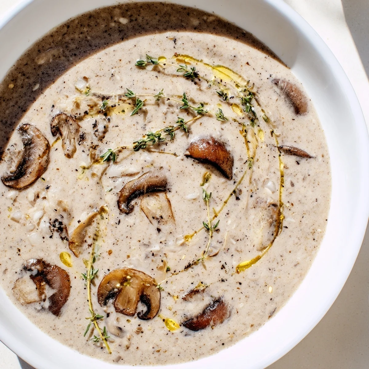 A close-up view of Creamy Mushroom Soup with Fresh Thyme, garnished with thyme sprigs and a drizzle of olive oil, served in a white bowl.