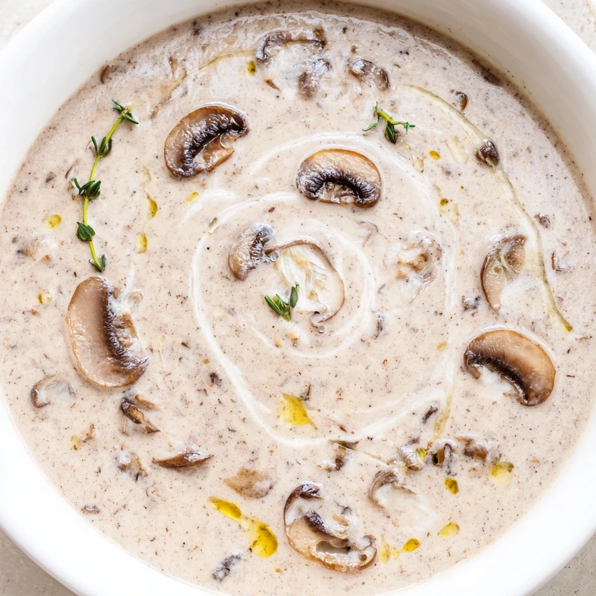 A ladle of Creamy Mushroom Soup with Fresh Thyme being poured into a bowl, revealing a rich, velvety texture.