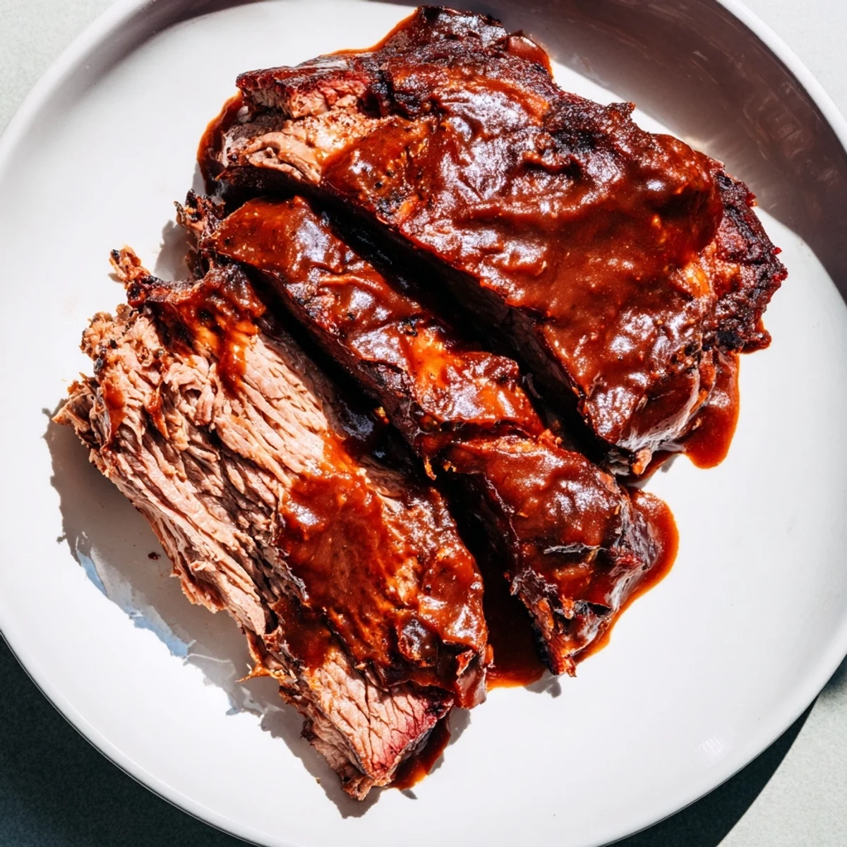 Slices of slow cooked beef brisket with smoky BBQ sauce glisten on a wooden board with pickles.