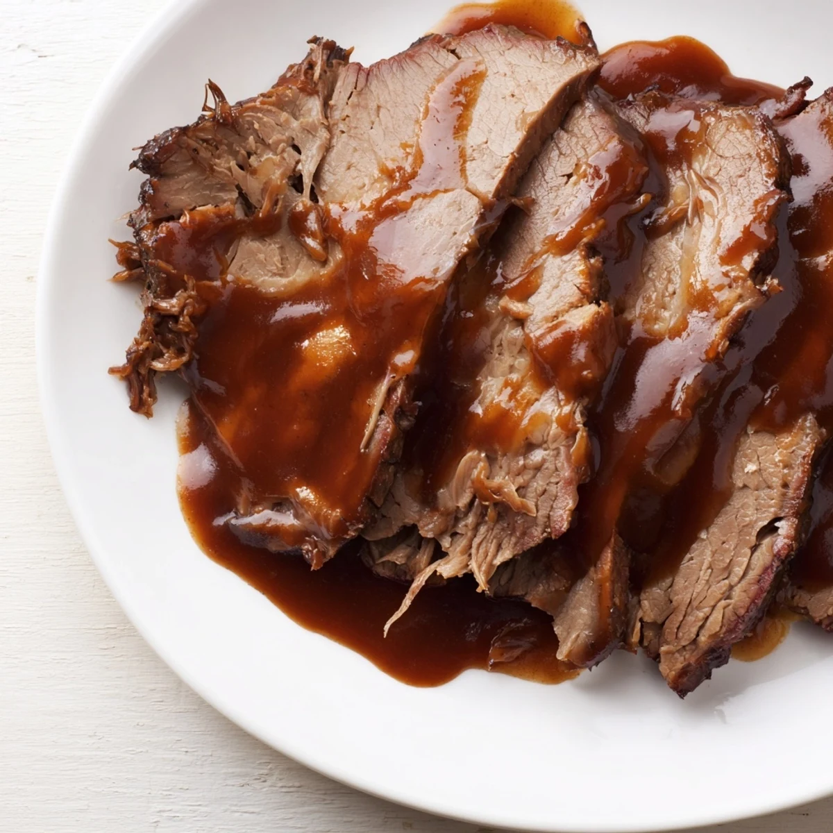 A juicy piece of slow cooked beef brisket with smoky BBQ sauce served with creamy coleslaw on a plate.