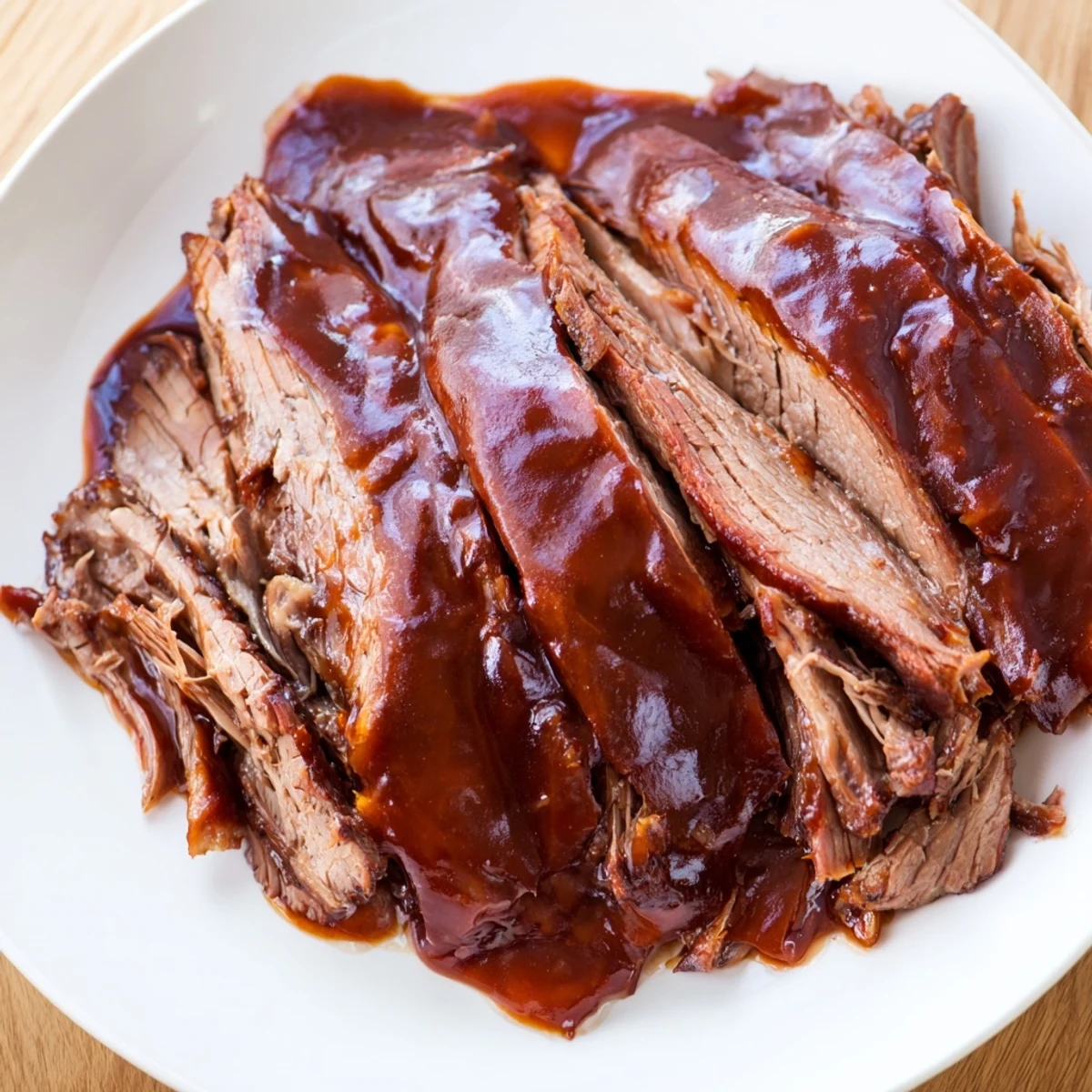 Fork-tender slow cooked beef brisket with smoky BBQ sauce shredded on a cutting board next to onions.