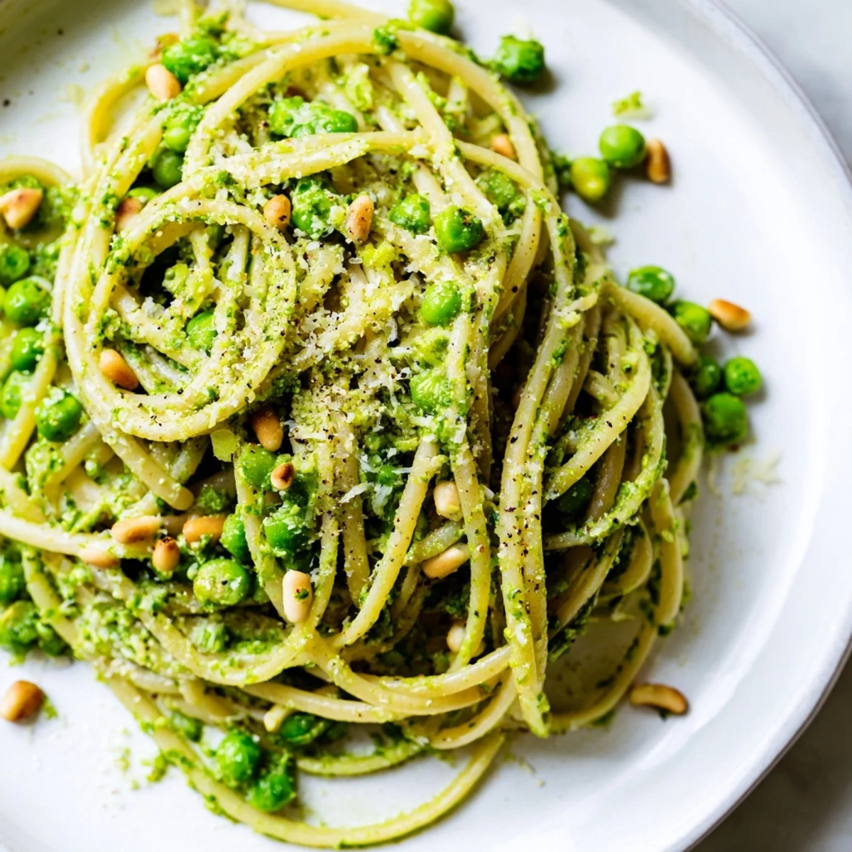 Bright green Spring Pea and Mint Pesto Pasta with Pine Nuts in a white bowl, garnished with extra nuts and lemon wedges.