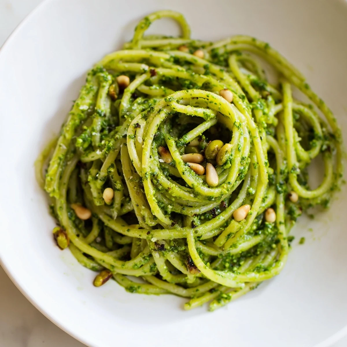 A close-up of Spring Pea and Mint Pesto Pasta with Pine Nuts tossed in a vibrant green sauce, garnished with lemon zest.