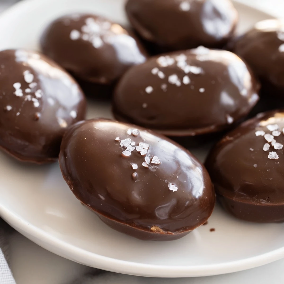 Homemade Chocolate Peanut Butter Eggs with Sea Salt are beautifully displayed on a wooden tray, the rich dark chocolate coating gleaming under soft kitchen light.
