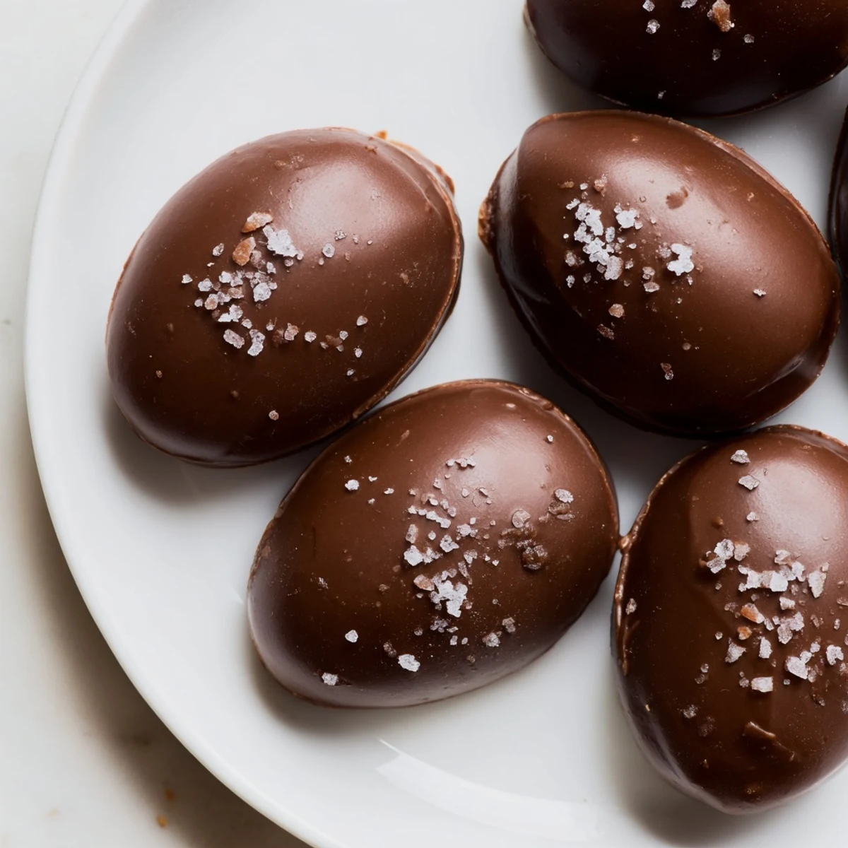 A close-up of Chocolate Peanut Butter Eggs with Sea Salt reveals creamy peanut butter centers peeking through the melted chocolate, perfect for a sweet indulgence.