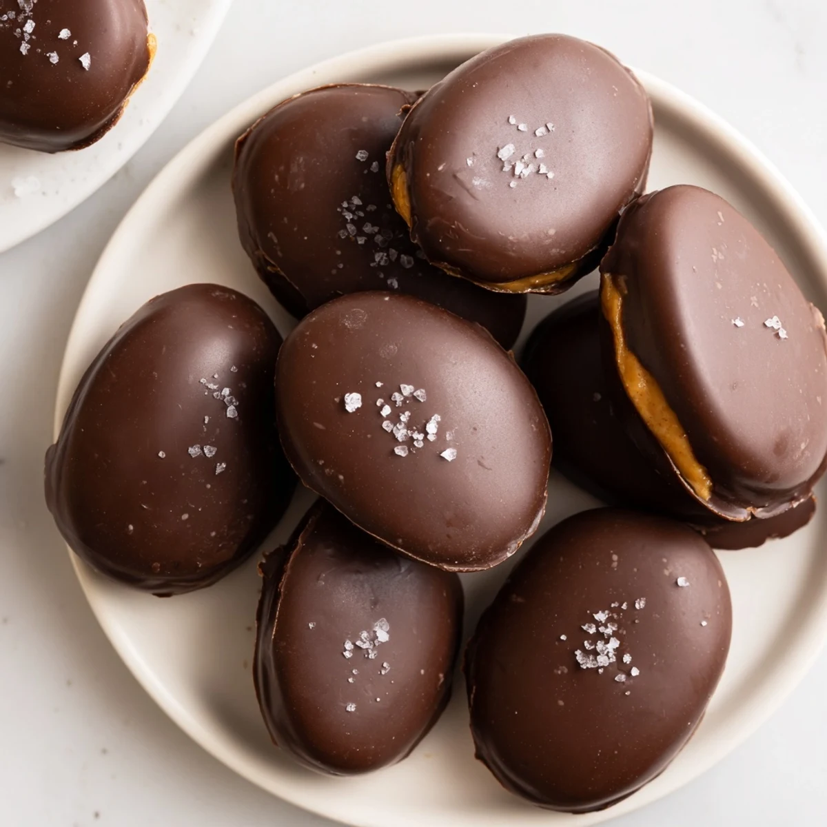 Freshly dipped Chocolate Peanut Butter Eggs with Sea Salt are arranged on parchment paper, the flaky salt crystals sparkling against the glossy, smooth chocolate shells.