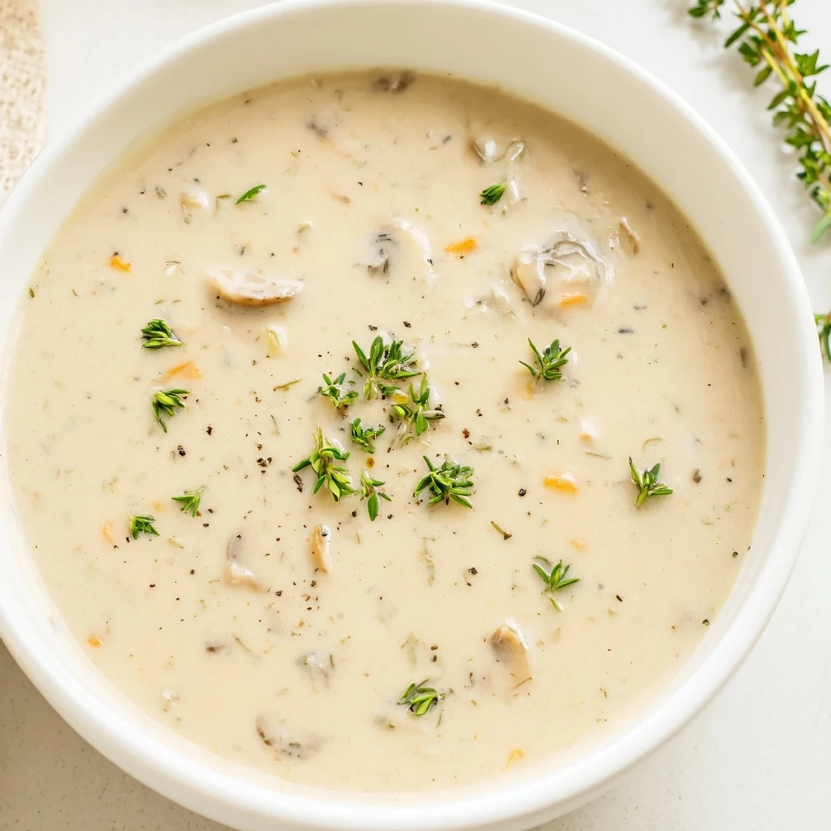 A close-up view of creamy mushroom soup with thyme, garnished with fresh thyme leaves and a swirl of heavy cream.