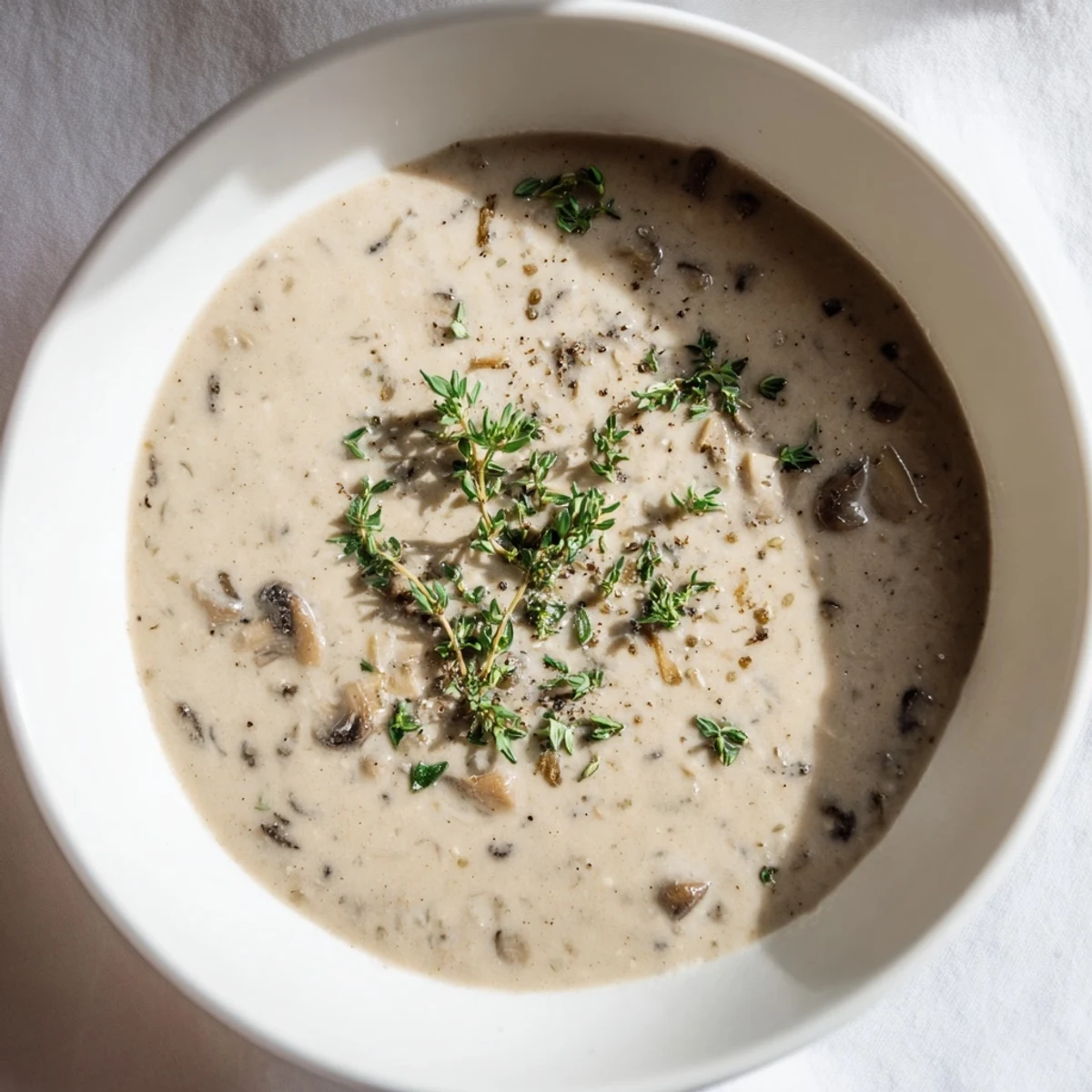 In a rustic bowl, the velvety Creamy Mushroom Soup with Thyme is ready to serve alongside crusty bread.