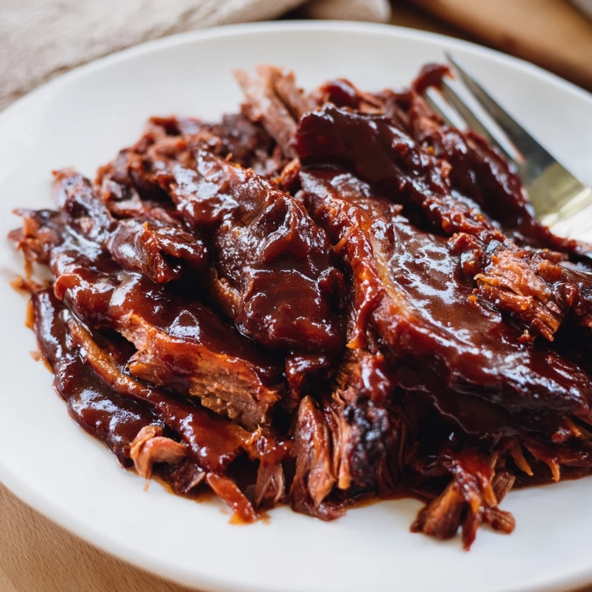 A juicy, tender slice of Slow Cooked Beef Brisket with BBQ Sauce, piled high on a soft bun with pickles.