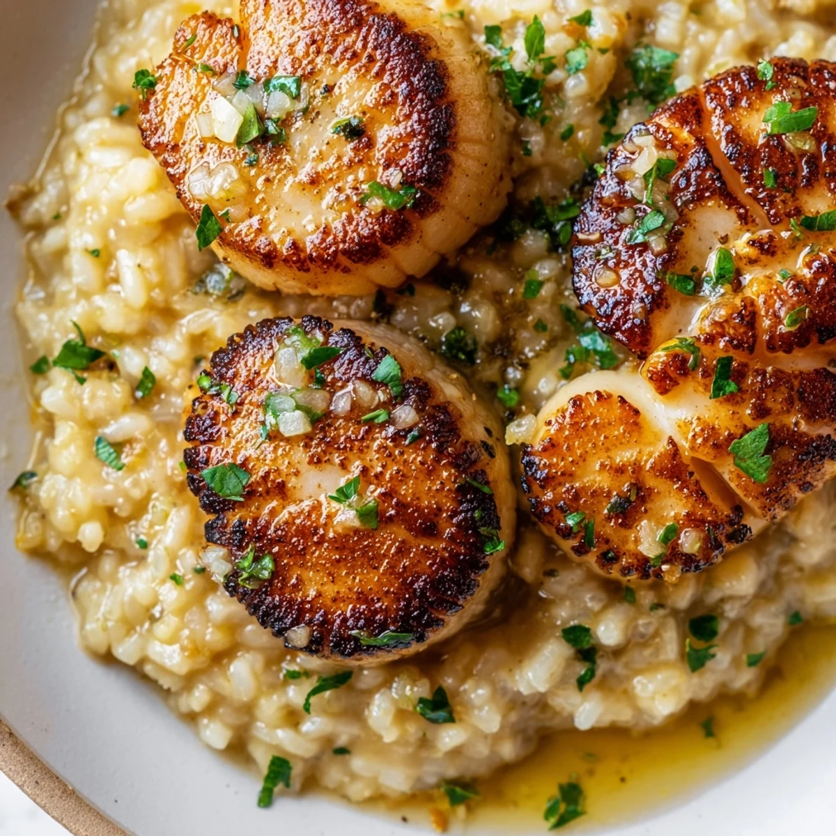 Golden seared scallops with a glossy lemon-garlic butter sauce resting on a bed of creamy Parmesan risotto.