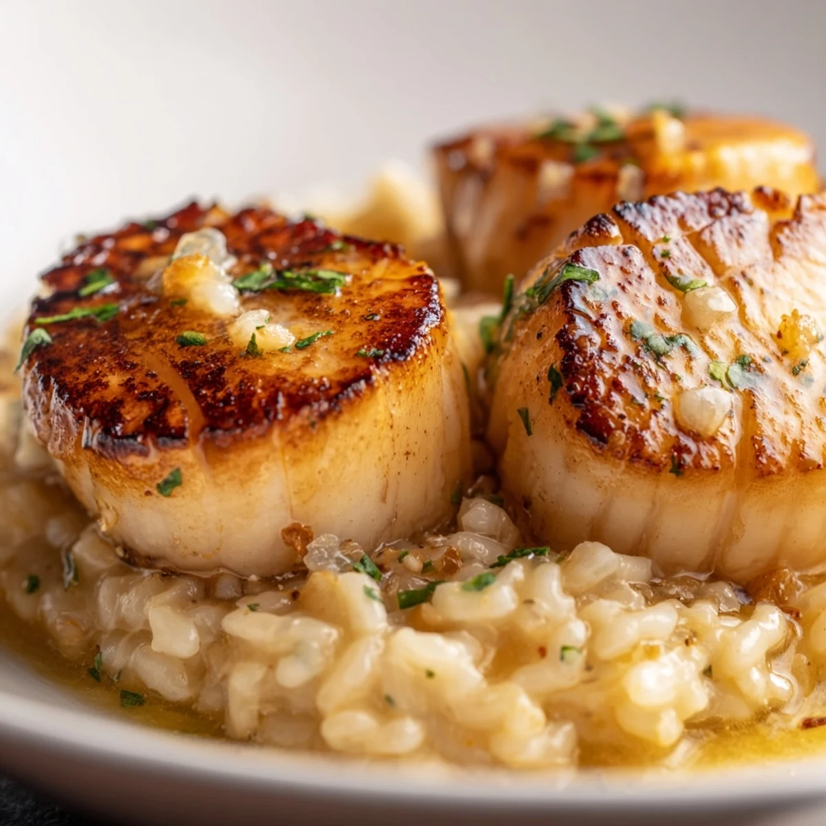 Plated Lemon Garlic Scallops with Risotto, ready to serve with a drizzle of buttery sauce.