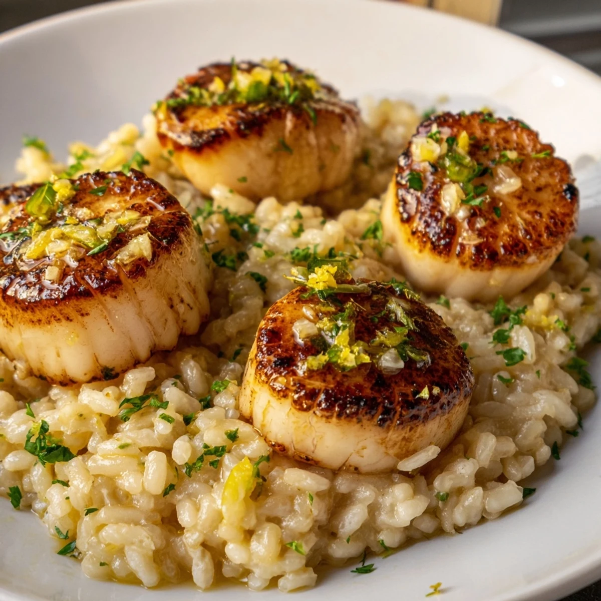 Succulent Lemon Garlic Scallops with Creamy Risotto topped with golden seared scallops and fresh parsley garnish.