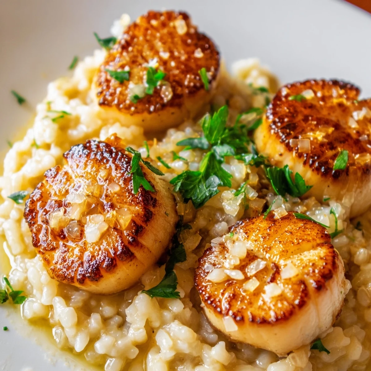 A warm plate of Lemon Garlic Scallops with Creamy Risotto showing a creamy texture and tender scallops.