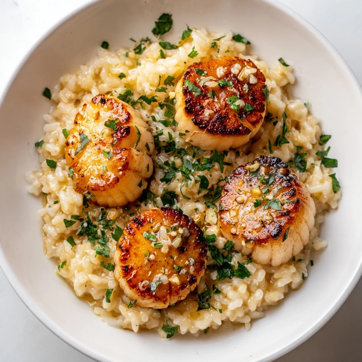 Serving suggestion for Lemon Garlic Scallops with Creamy Risotto paired with a glass of crisp white wine.