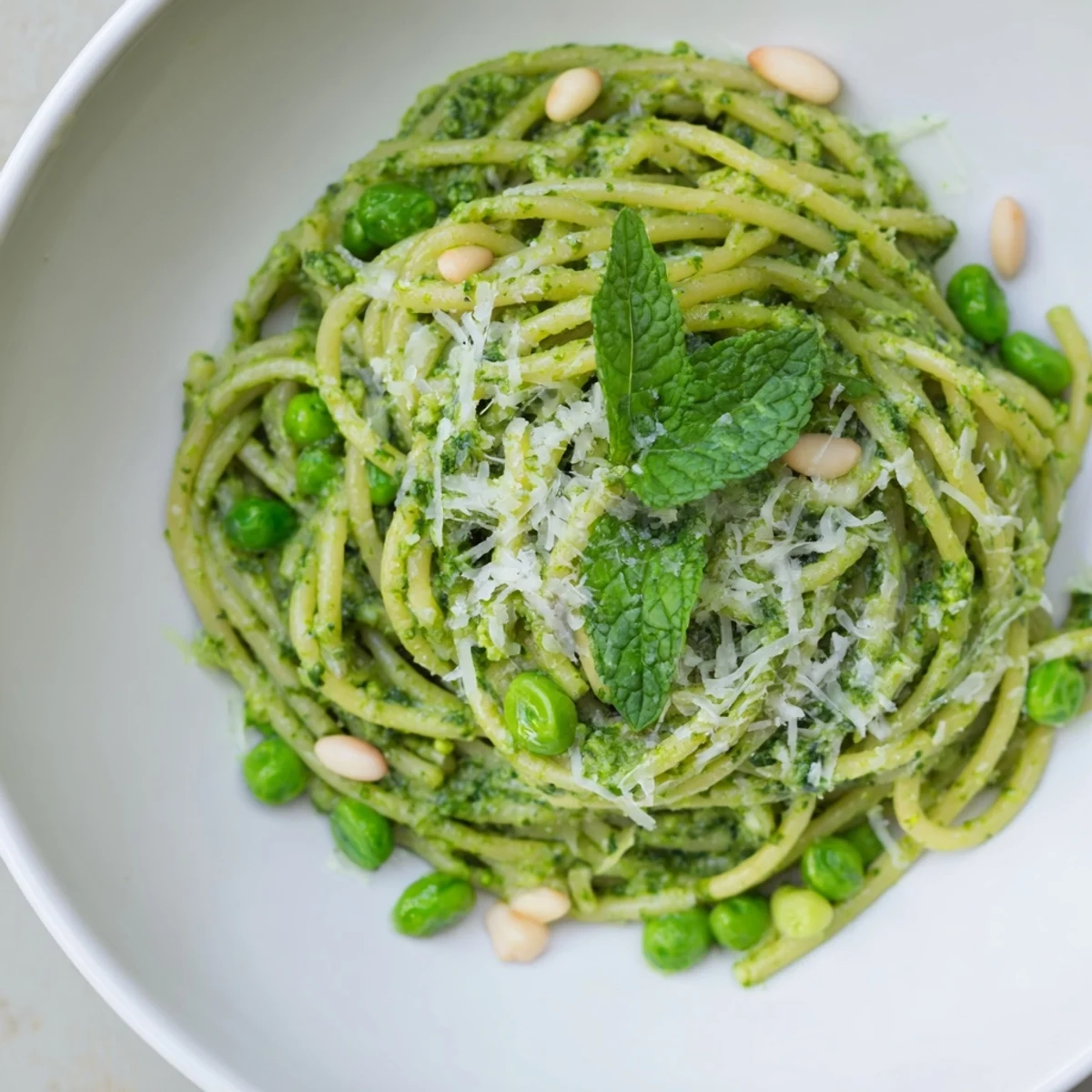 A vibrant plate of Spring Pea and Mint Pesto Pasta garnished with fresh herbs and extra peas.