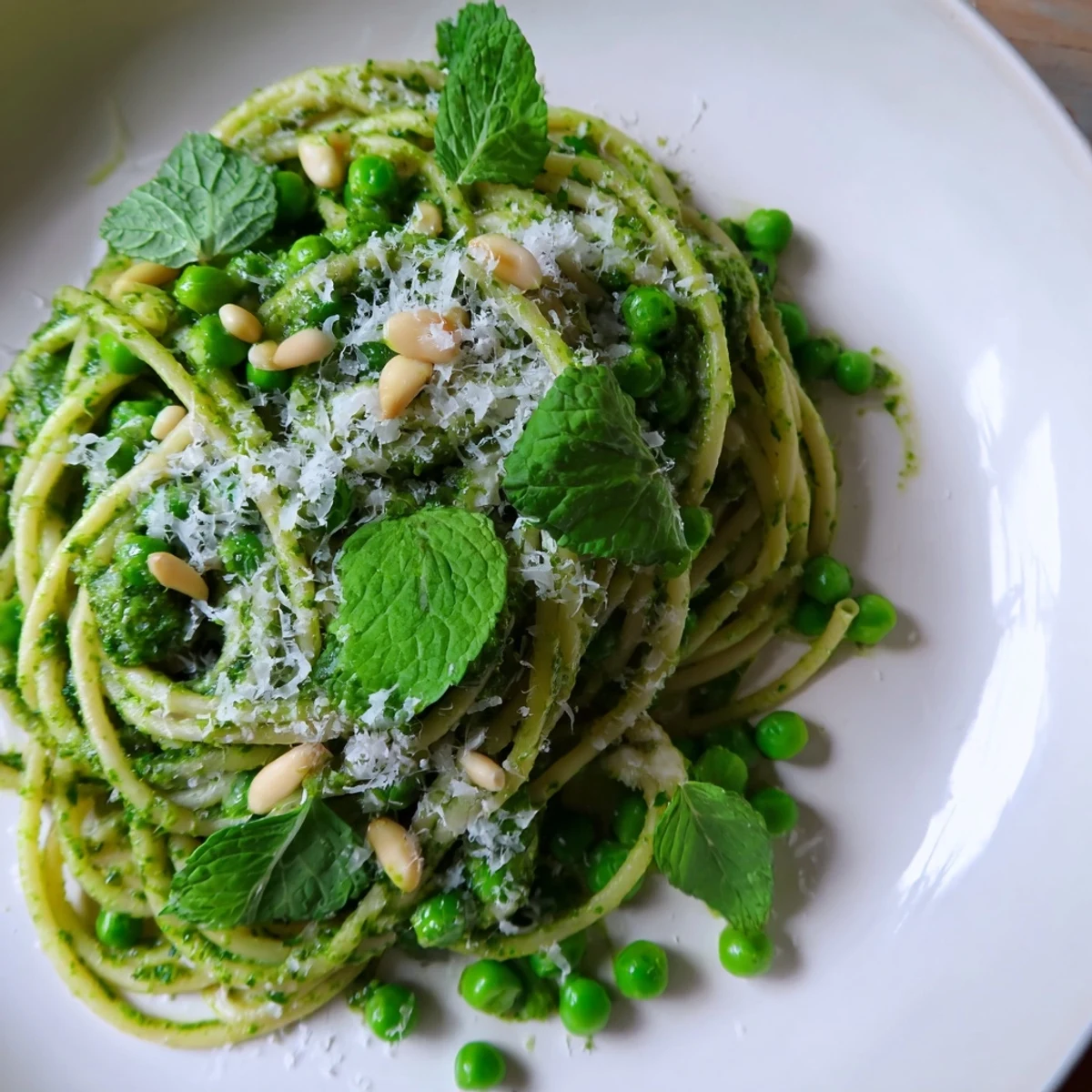 Spring Pea and Mint Pesto Pasta tossed in a creamy green sauce and served with lemon zest.