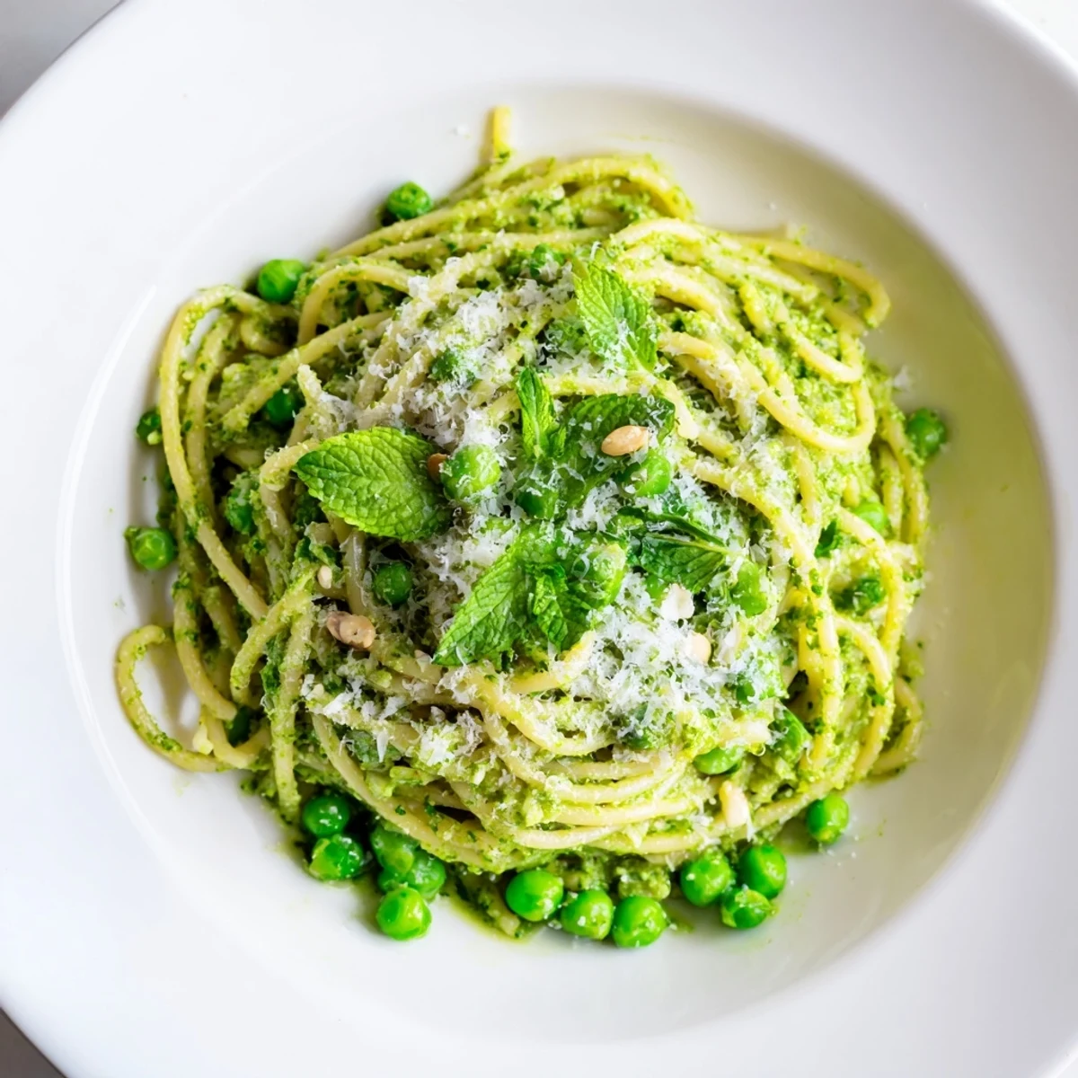 Steaming Spring Pea and Mint Pesto Pasta in a white bowl, ready to be enjoyed for lunch.