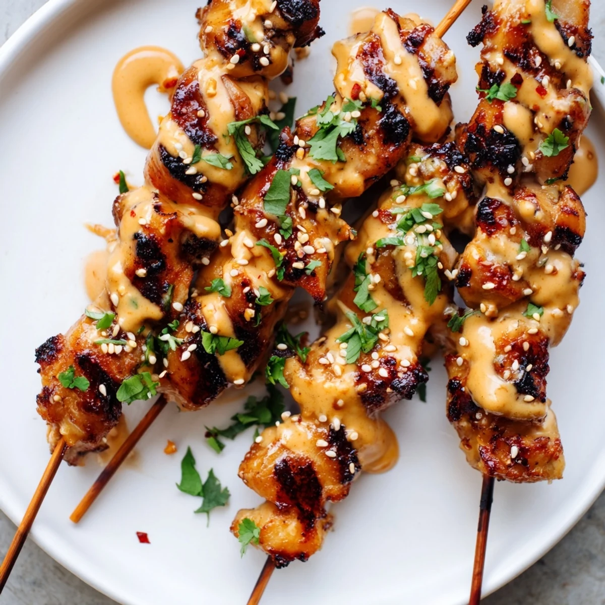 Juicy Bang Bang Chicken Skewers glisten with creamy spicy sauce next to fresh lime wedges.