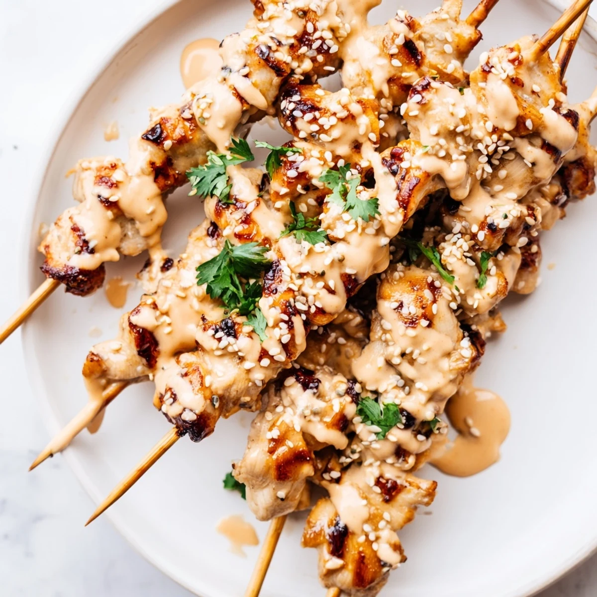 Tender grilled Bang Bang Chicken Skewers garnished with cilantro and sesame seeds on plate.