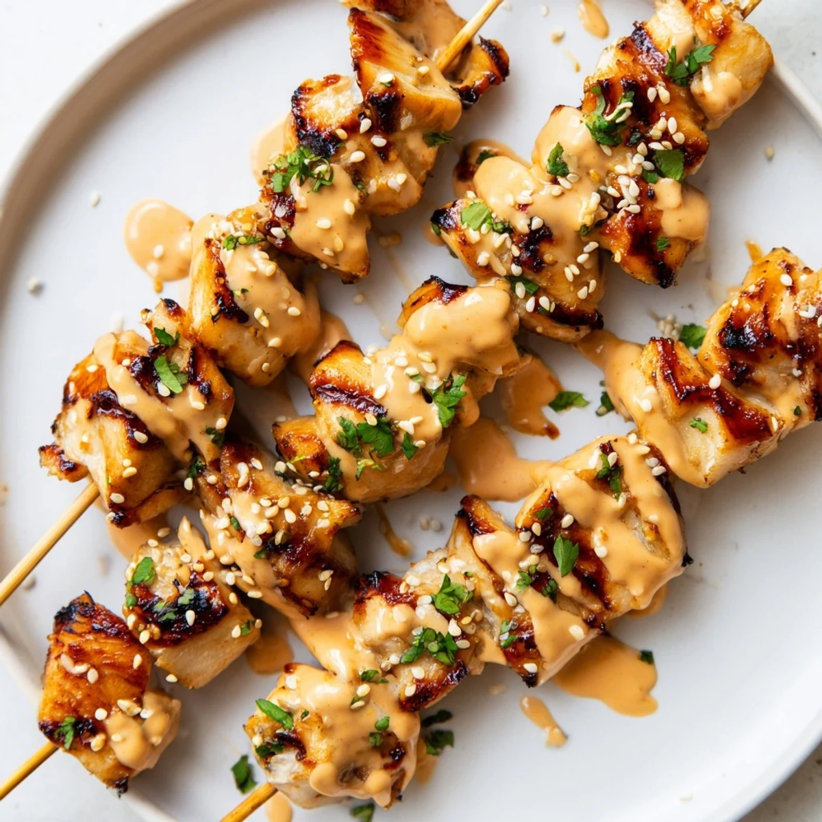 Savory Bang Bang Chicken Skewers served over rice with drizzle of creamy spicy sauce.