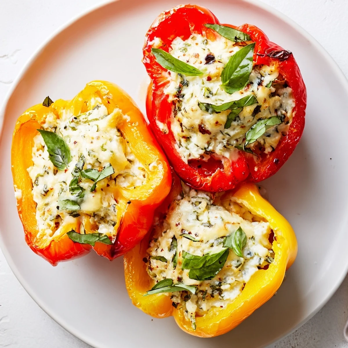 Golden baked ricotta stuffed peppers sit in a white dish, garnished with fresh basil leaves and a sprinkle of Parmesan cheese.