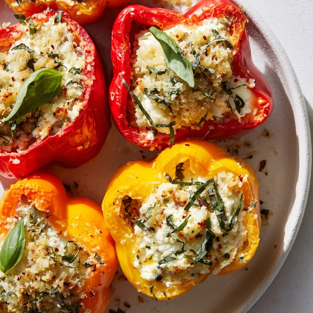 Close-up of colorful bell pepper halves filled with creamy ricotta cheese and herbs, bubbling slightly from the oven.