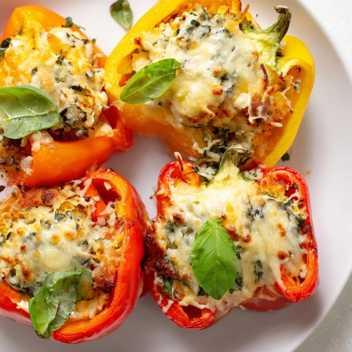 A serving platter of Italian ricotta stuffed peppers, paired with a simple green salad and crusty bread slices.