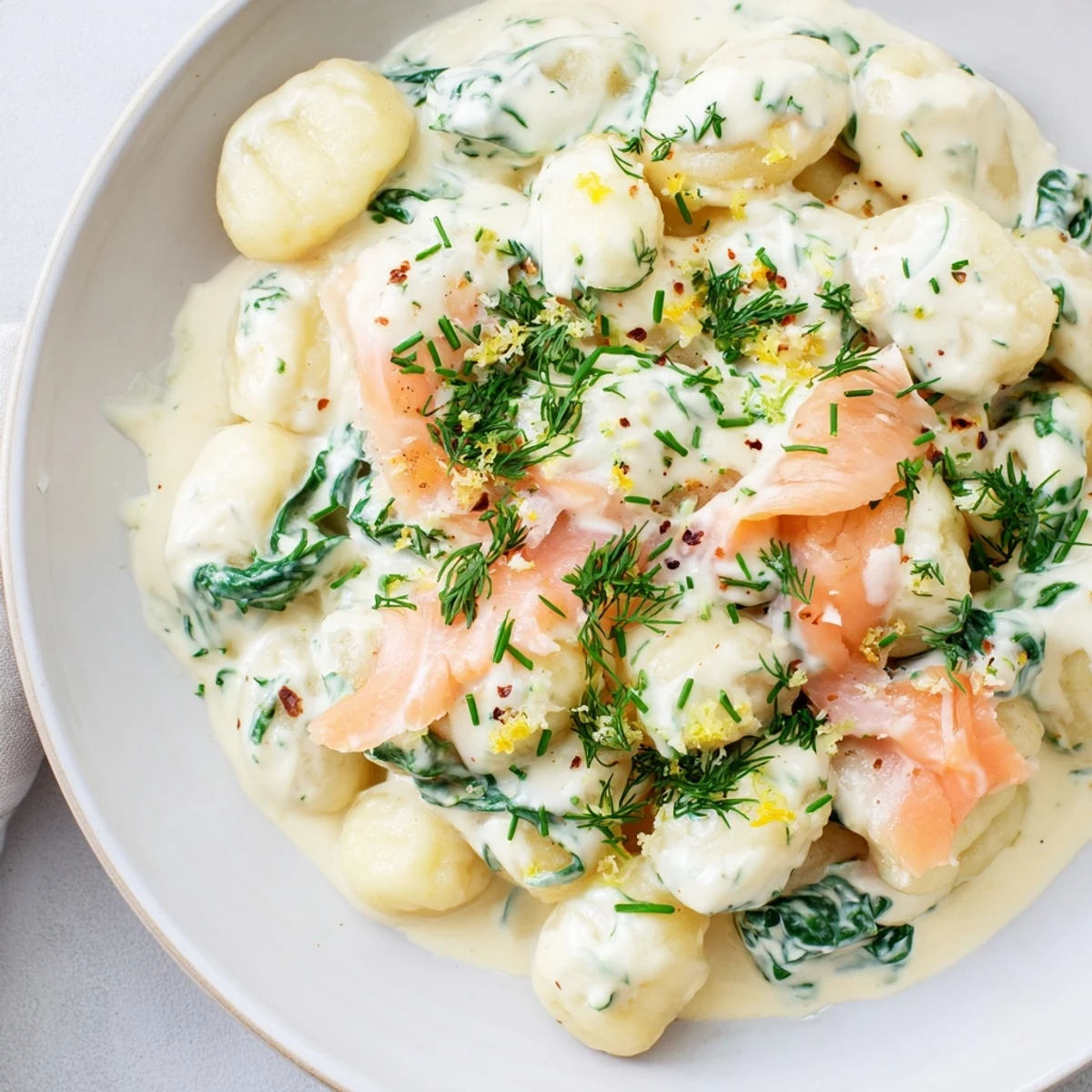 Plate of Healthy Smoked Salmon Gnocchi tossed with baby spinach.