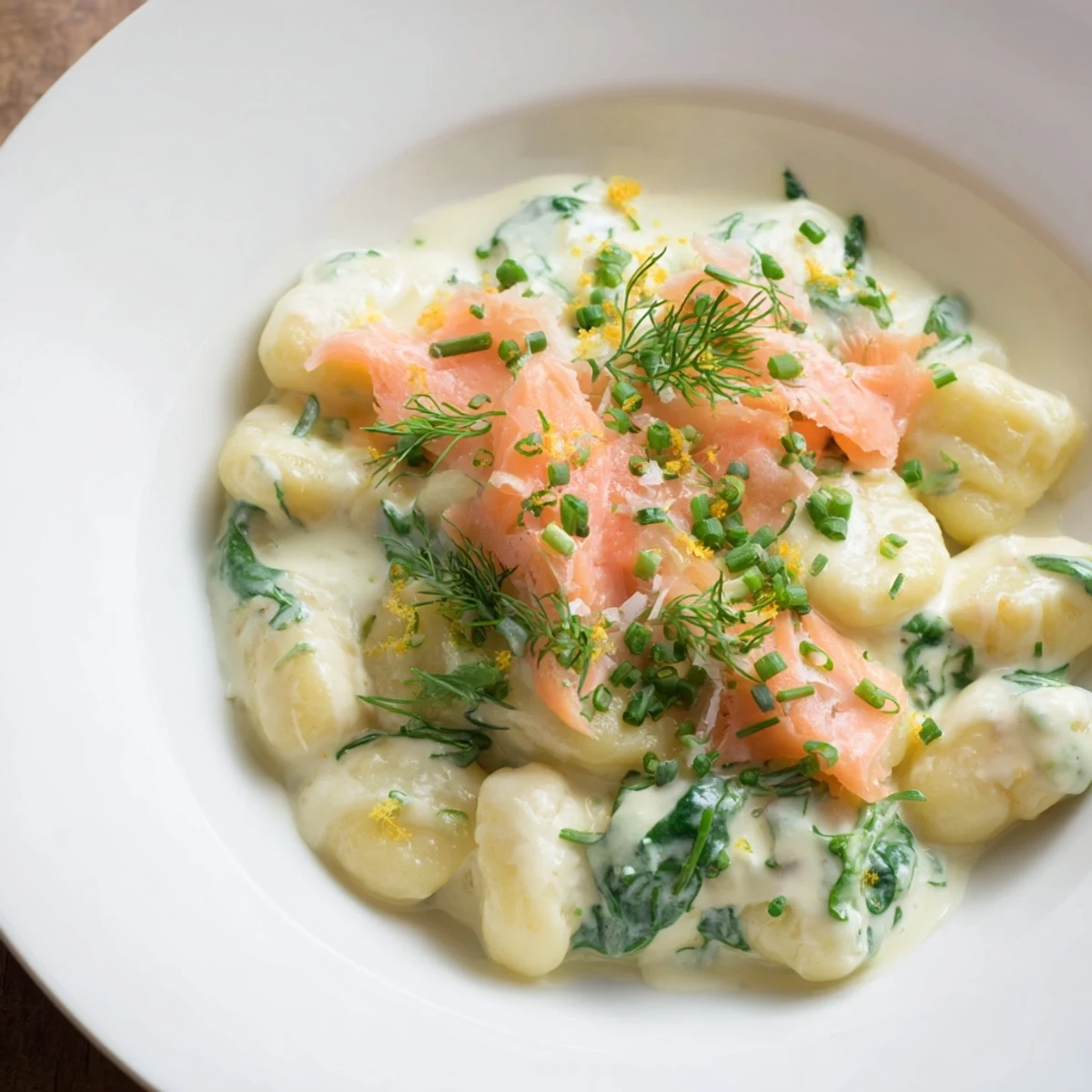 Healthy Smoked Salmon Gnocchi served warm in a skillet with herbs.