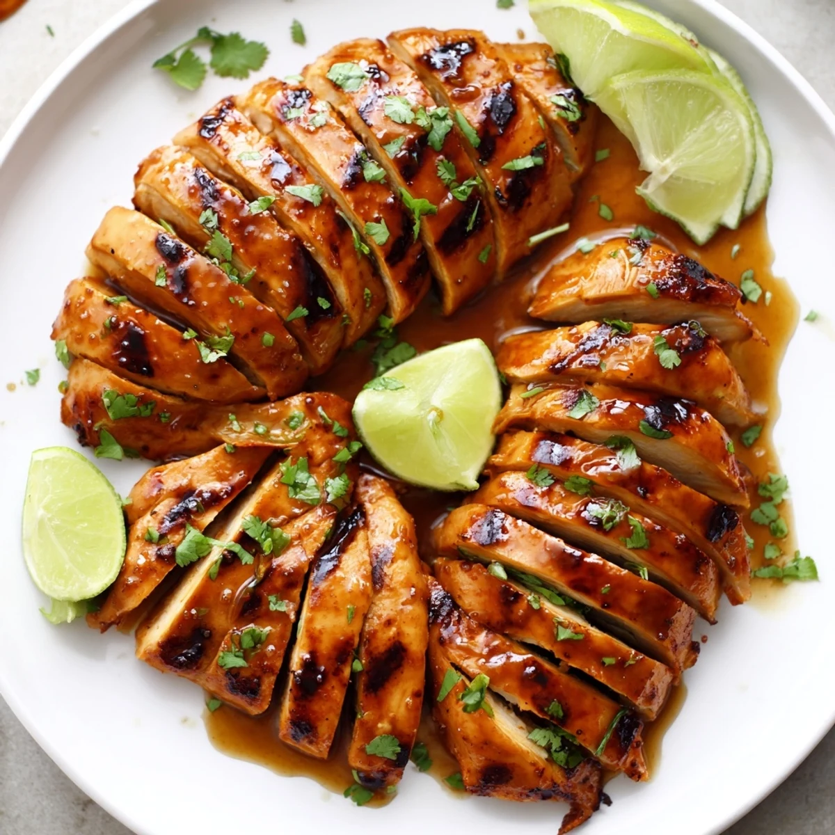 Juicy Spicy Honey Lime Chicken breasts glistening with marinade, served with lime wedges and fresh cilantro on a platter.