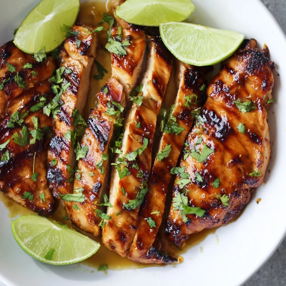 Close-up of tender Spicy Honey Lime Chicken, showcasing the glazed char marks and vibrant green lime zest.