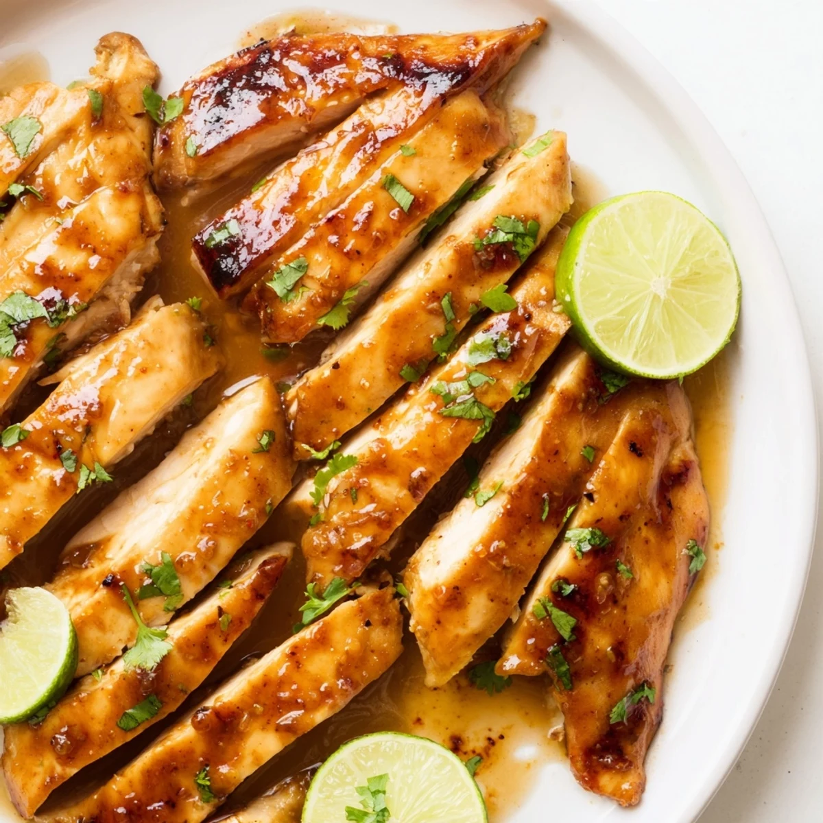 Grilled Spicy Honey Lime Chicken slices fanned out beside fluffy rice and charred vegetables, garnished with cilantro.