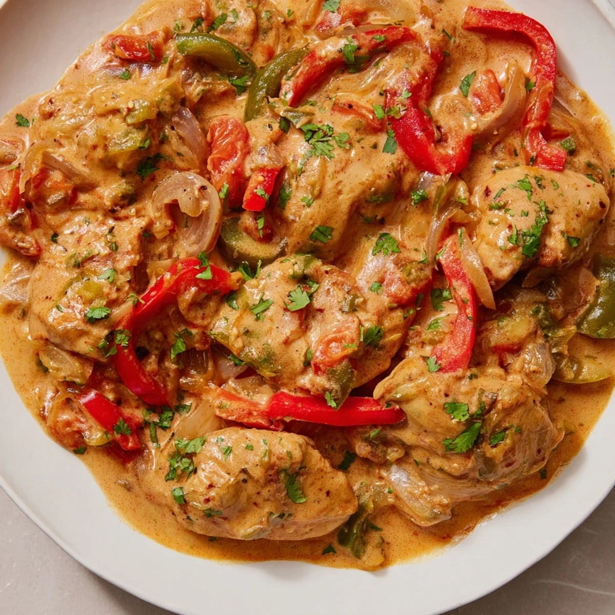 A close-up of Brazilian Coconut Chicken in a rustic bowl, with tender chicken pieces coated in creamy golden sauce and flecks of fresh cilantro.