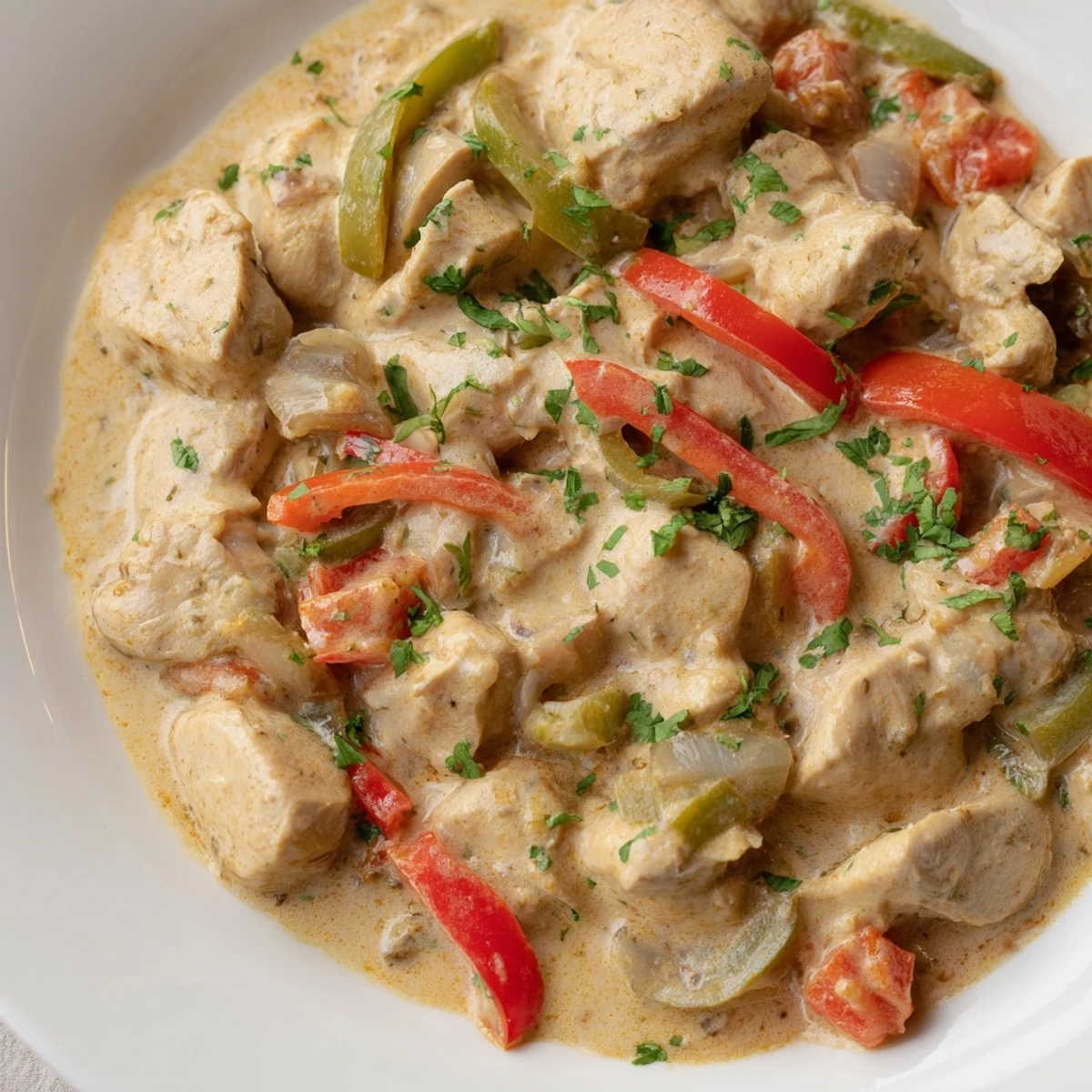 This vibrant Brazilian Coconut Chicken features succulent chicken thighs simmering in a rich coconut milk sauce, with red and green bell peppers peeking through.
