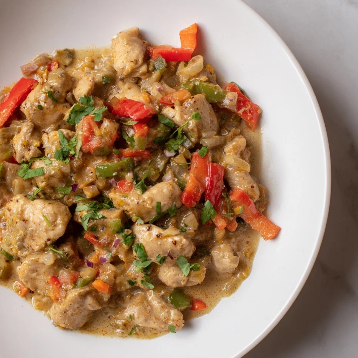A steaming plate of Brazilian Coconut Chicken served alongside fluffy white rice, garnished with chopped cilantro and a lime wedge for a fresh finish.