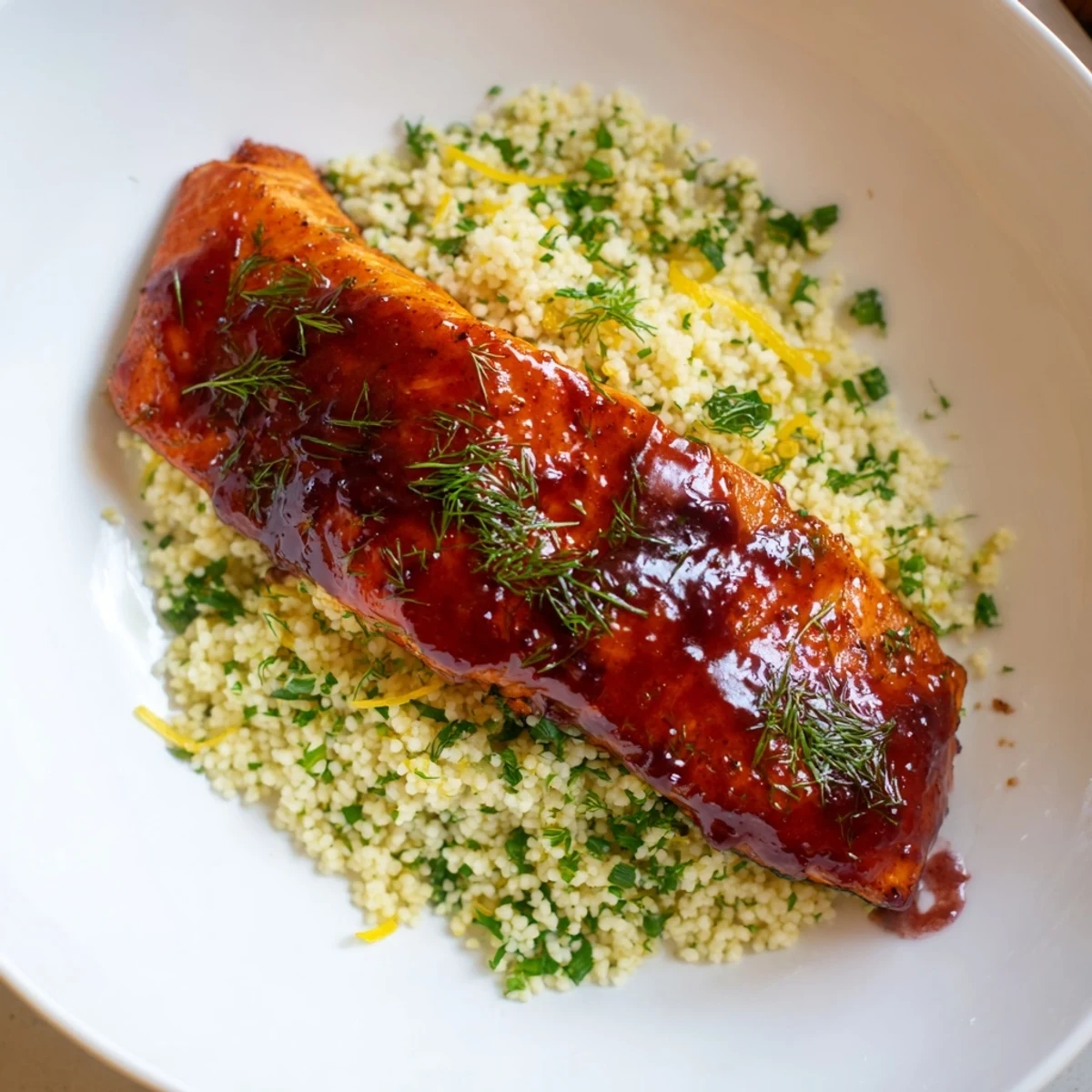 Glistening blueberry glazed salmon fillets resting on a bed of fluffy lemon herb couscous, garnished with fresh dill and lemon wedges.