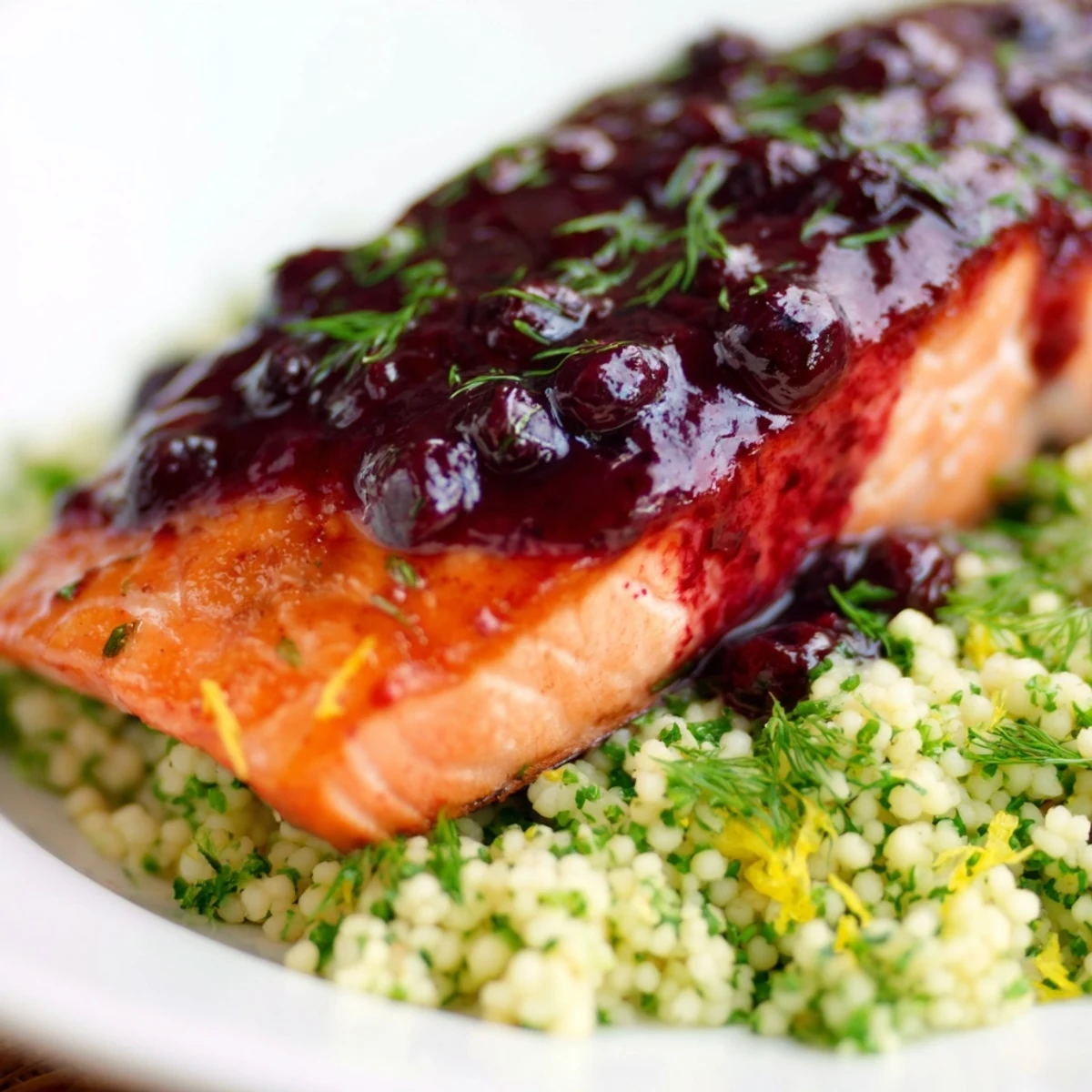 Juicy salmon coated in a vibrant blueberry reduction, paired with zesty lemon couscous on a white ceramic plate for a stunning presentation.
