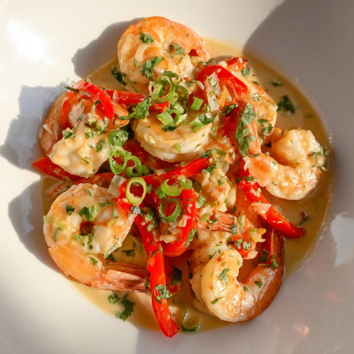 Creamy garlic shrimp in coconut milk simmer in a skillet, garnished with fresh cilantro and green onions.