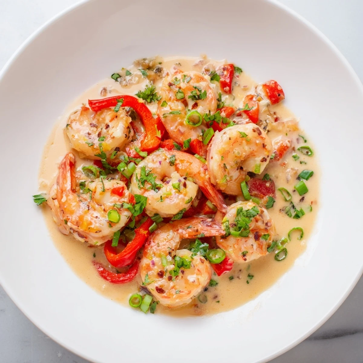 Aromatic garlic shrimp in coconut milk feature sautéed peppers and onions in a rich, savory sauce.