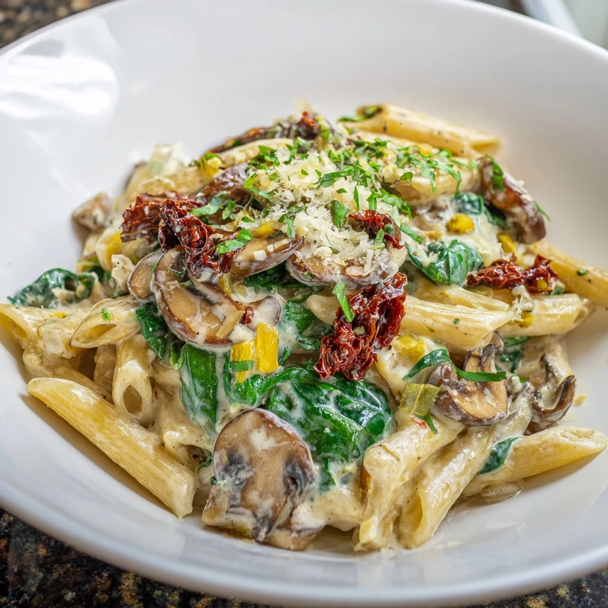 Creamy Tuscan Mushroom Pasta Skillet served in a white bowl with fresh basil garnish.  
