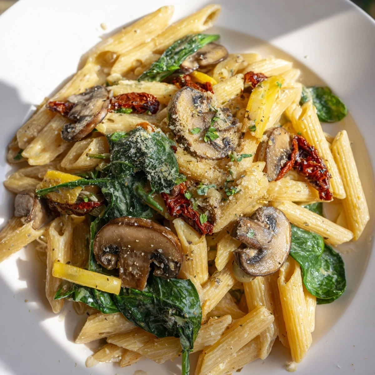 Creamy Tuscan Mushroom Pasta Skillet in a rustic skillet, with sautéed mushrooms and wilted spinach.  