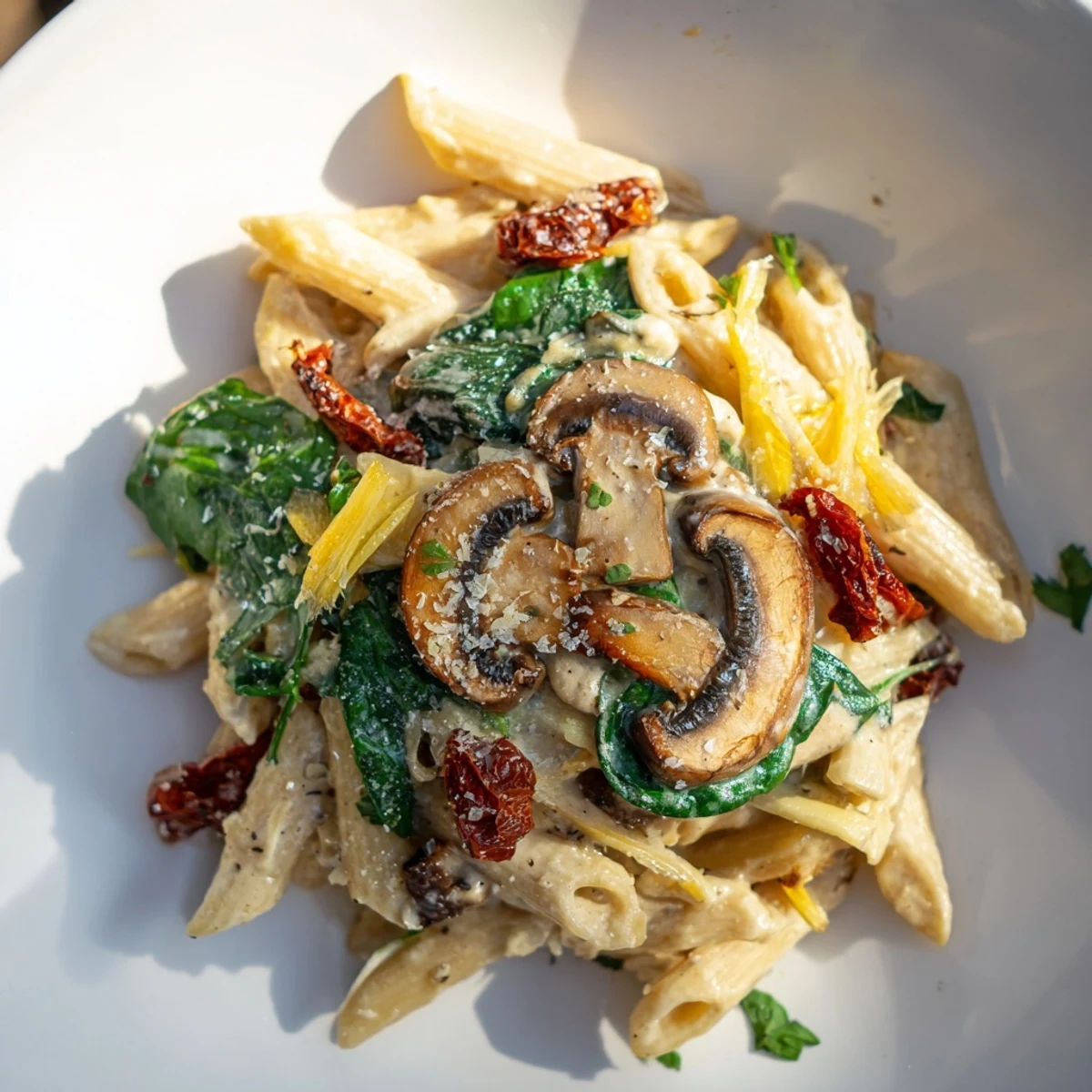Creamy Tuscan Mushroom Pasta Skillet, a comforting Italian meal with sun-dried tomatoes and Parmesan.