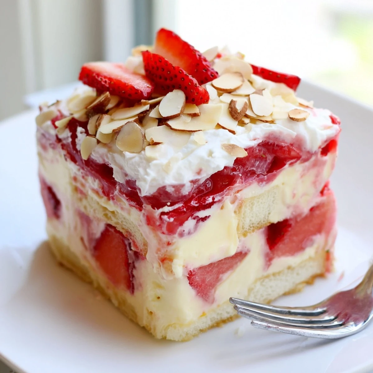 Heaven on Earth Cake with angel food layers, creamy vanilla pudding, and glossy strawberry pie filling in a glass trifle dish.