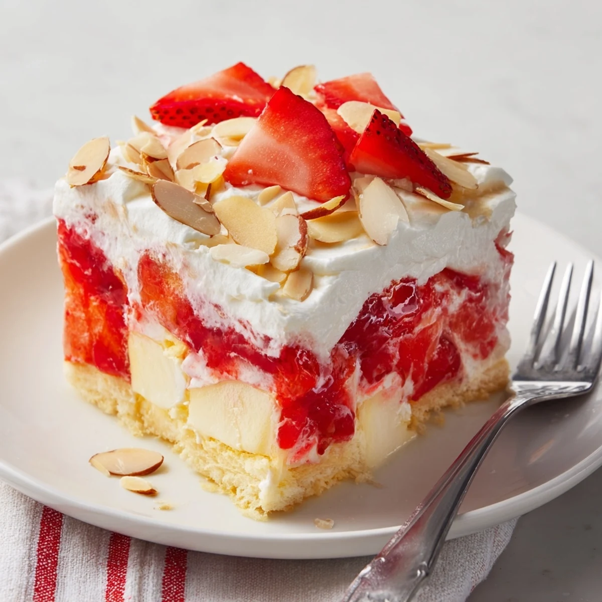 No-bake Heaven on Earth Cake layered in a clear dish showing fluffy cake cubes, sweet strawberry filling, and smooth pudding cream.