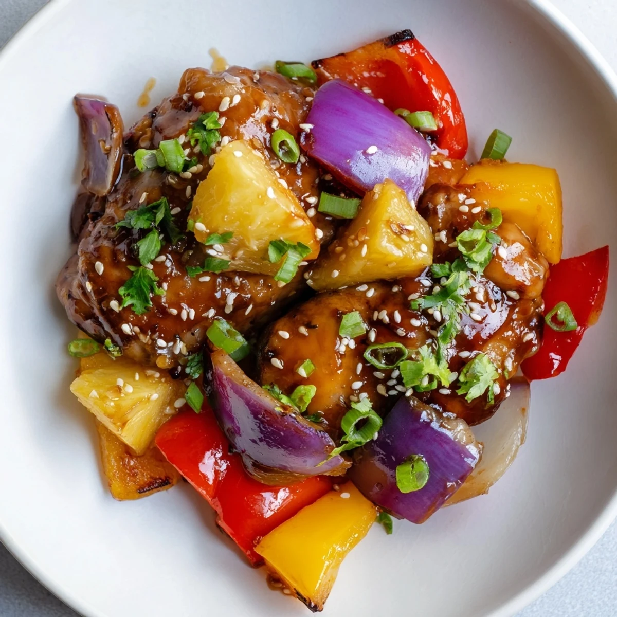 A close-up of Marry Me Sheet Pan Hawaiian Chicken showcases glazed chicken, caramelized pineapple, and tender peppers in a savory-sweet sauce.